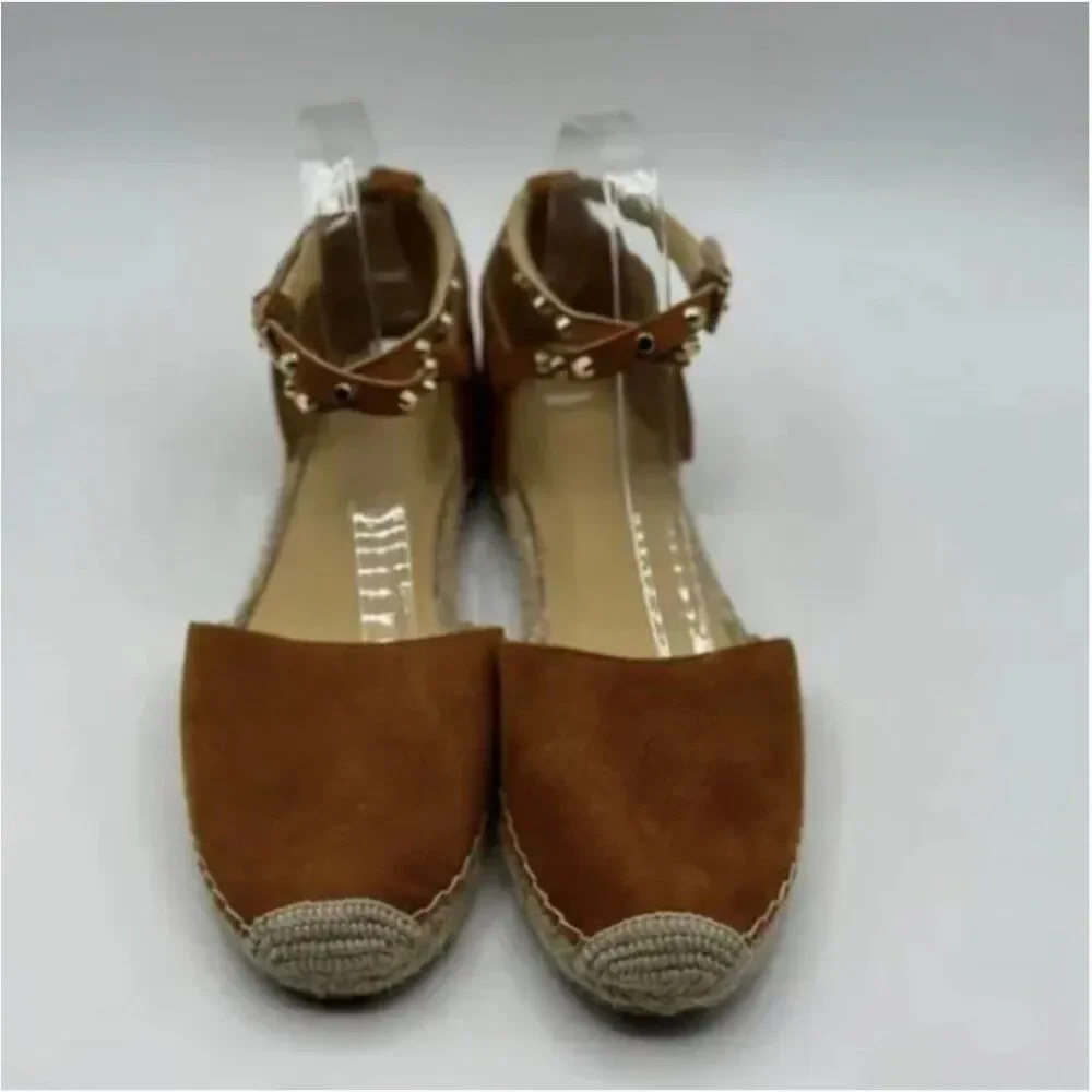 Marc Fisher Maci Stud Ballerina Espadrilles Ankle Strap Flats Brown Suede 9.5